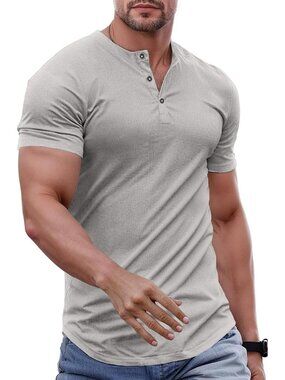 Muscle Fit Slim Henley Shirt for Men | Crewneck Longline Tee for Gym & Workout